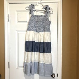 Denim inspired blue and white stripe. Length is 42in
